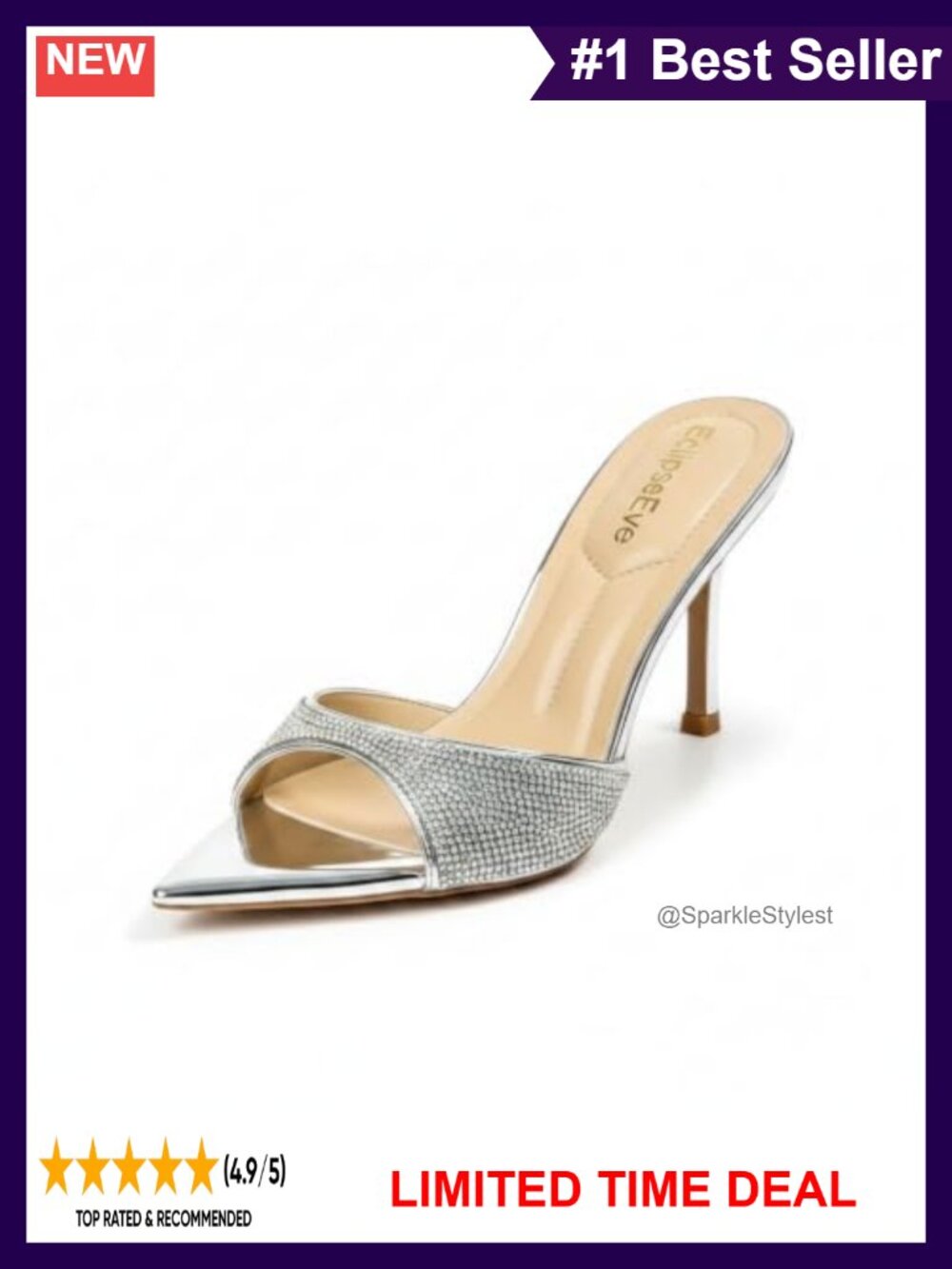 Rhinestone Stiletto Mules 3.54 Inch Slip-On Pointed Open Toe High Heels Glam